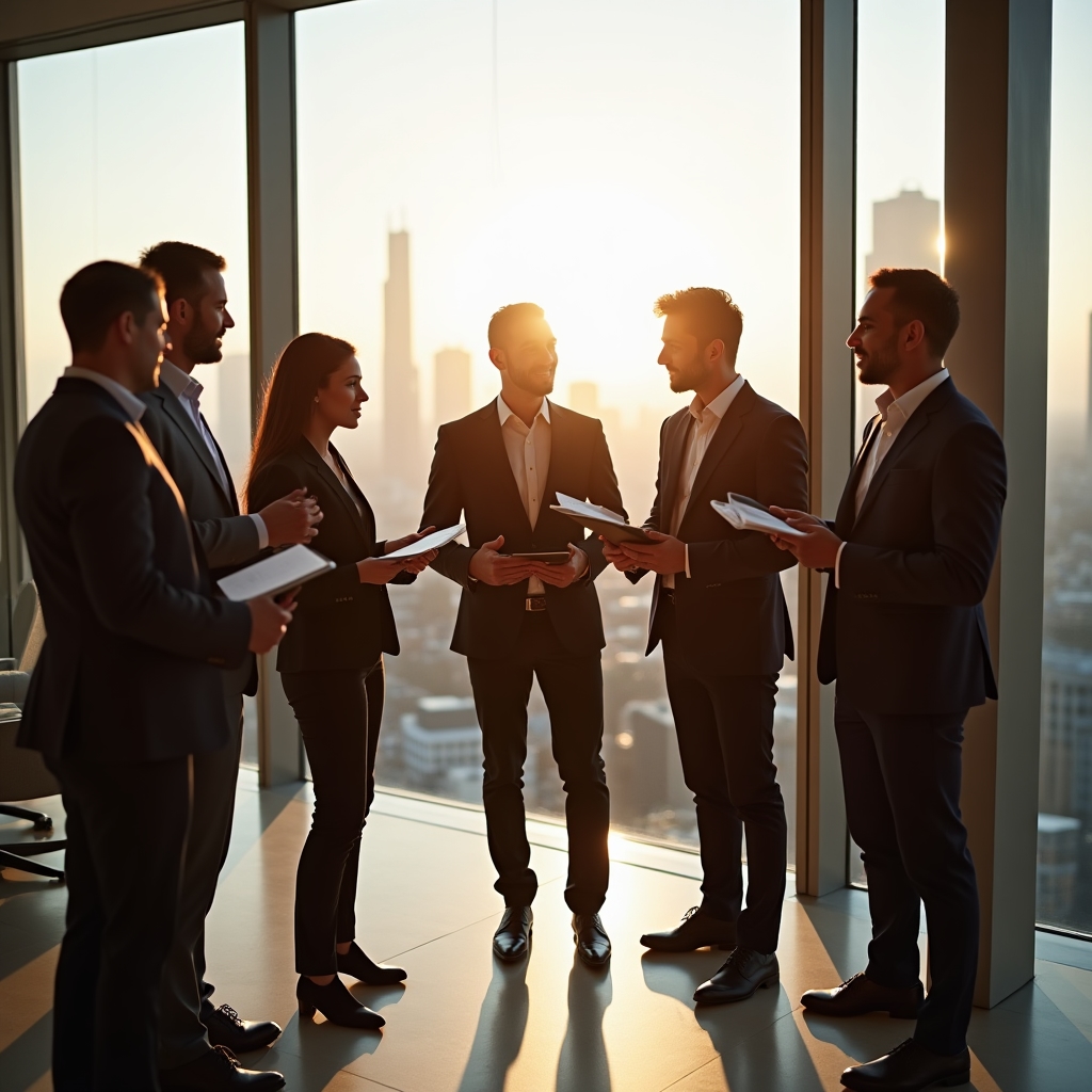 Корпоративная команда на брифинге перед международными переговорами